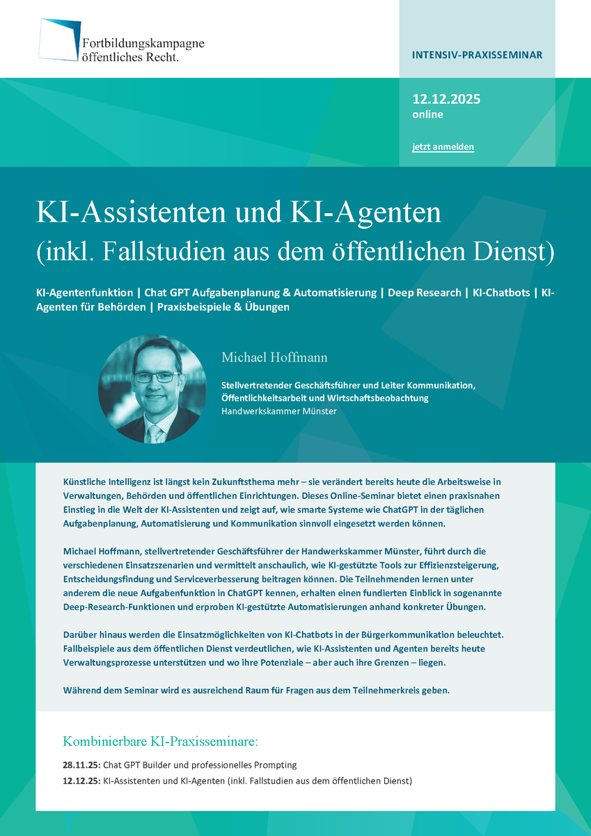 🤖 KI in der Verwaltung praktisch nutzen!
Im Online-Seminar am 12.12.2025 zeigt Michael Hoffmann, wie ChatGPT-Tasks, Deep Research &amp; KI-Chatbots Arbeitsabläufe erleichtern – mit Praxisbeispielen aus dem öffentlichen Dienst.
👉 Infos: agenda.fortbildungskampagne.de/Agenda_KI-Assi…
#KI #ÖD