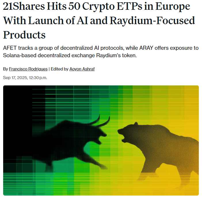 Thcrypto_Whale's tweet photo. 21Shares Hits 50 Crypto ETPs in Europe With Launch of AI and Raydium-Focused Products
AFET tracks a group of decentralized AI protocols, while ARAY offers exposure to Solana-based decentralized exchange Raydium's token.

#21Shares #CryptoETPs #AI #Solana #Raydium #Blockchain #DeFi