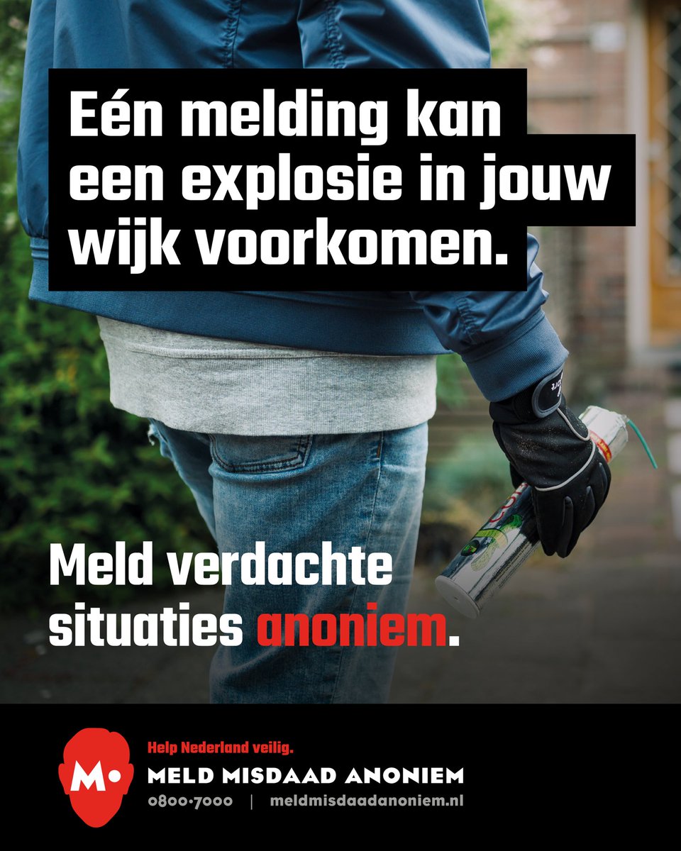 Met één melding kun je een explosie in je wijk voorkomen. En die melding kun je geheel anoniem maken. Zie je iets verdachts in je buurt? Bijvoorbeeld onbekende personen of auto’s bij een woning/pand. Een anonieme melding is zo gemaakt, via 0800-7000 of op meldmisdaadanoniem.nl