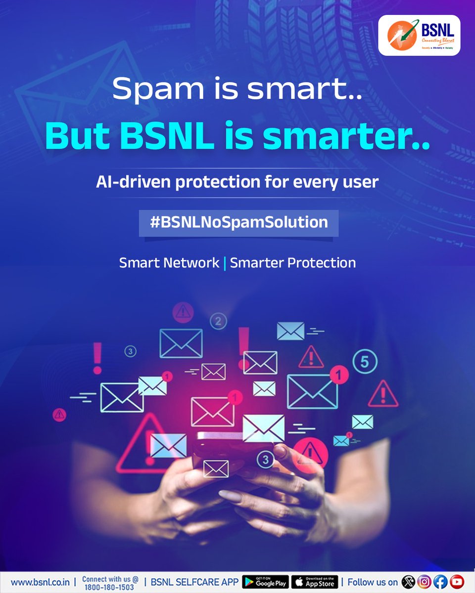 Where spam thinks it’s smart, BSNL proves it’s smarter.

BSNL’s AI-powered protection shields you from scam SMS &amp; malicious links. 

Stay safe, stay connected with #BSNLNoSpamSolution.

#BSNL #BSNL4G #SpamAlert #DigitalIndia
