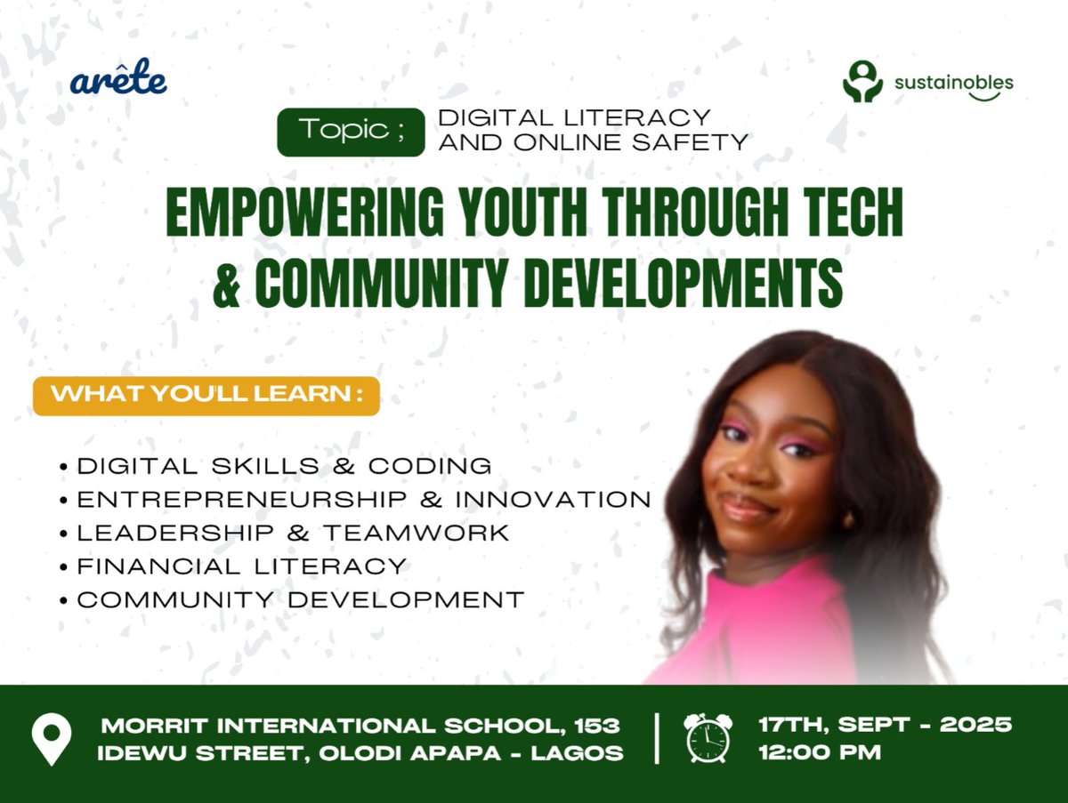 Final day! 🚀

Arete 💙 x Sustainobles 💚 close out the Summer Outreach at Morit Int’l School with a talk on:

Empowering Youth through Tech &amp; Community Development.

A powerful end to weeks of learning, mentorship &amp; impact.

#AreteAfrica #Sustainobles #YouthInTech