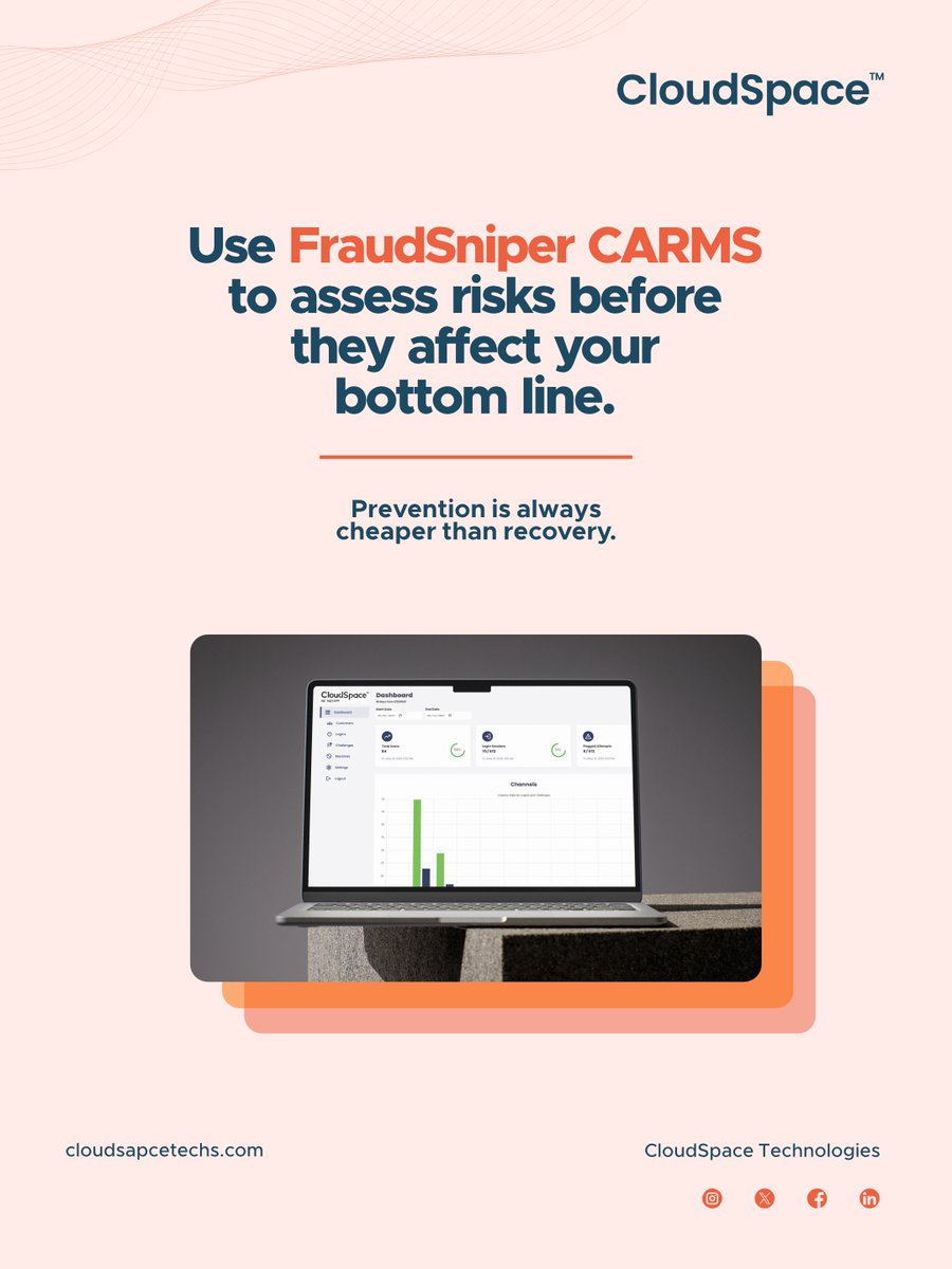 Cloudspacetechs's tweet image. Stop fraud before it costs you.

FraudSniper CARMS spots risk early so you can act fast. Prevention &amp;gt; recovery. 

Get started today. 

#FraudPrevention #FinTech #Cloudspace #OEM