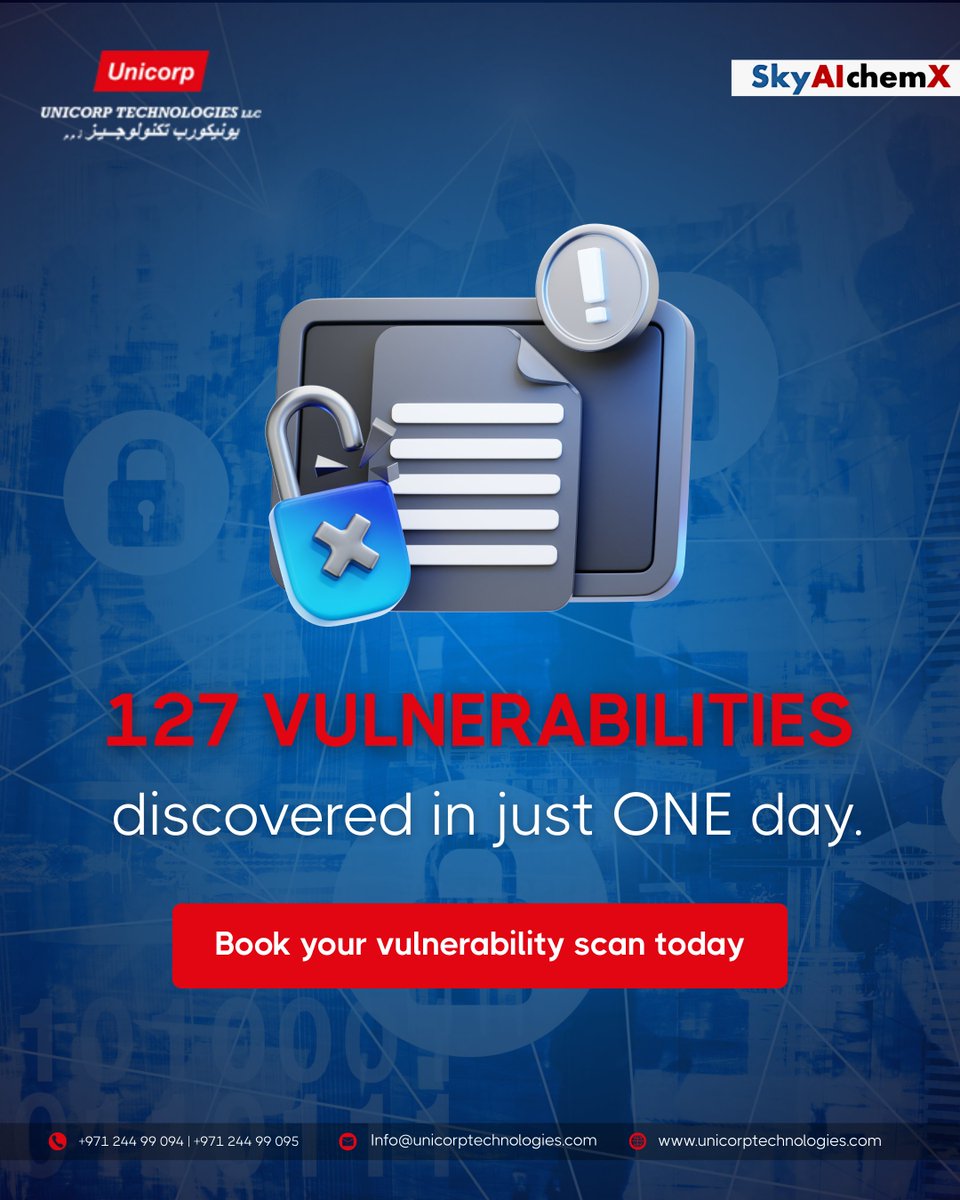 UnicorpTechUAE's tweet image. 📖 Real UAE Case Study:

✅ 127 vulnerabilities found in 24 hrs
✅ Actionable remediation roadmap
✅ 80% lower breach probability
👉 Book your vulnerability scan today: shorturl.at/u5SkK
#CyberThreats #VulnerabilityScan #UAE #CyberSecurity