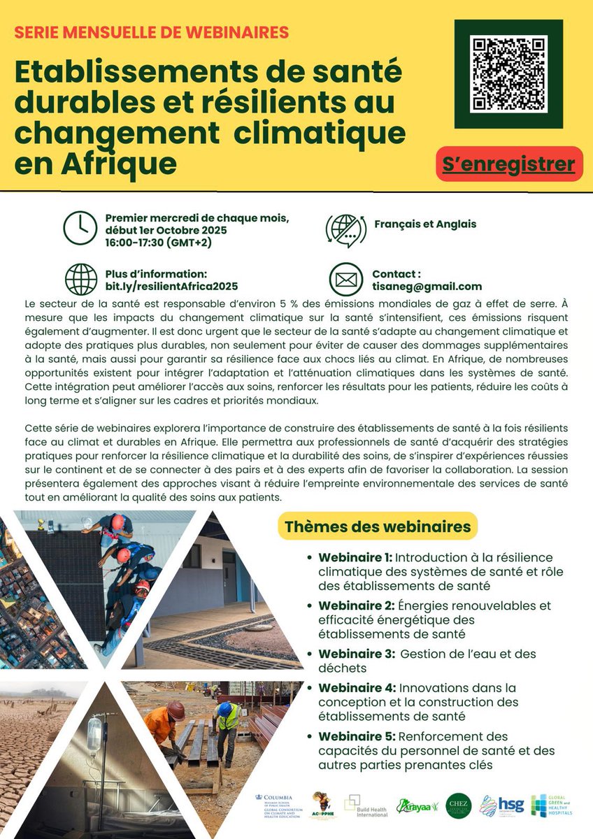 Et si nos hôpitaux pouvaient à la fois soigner les patients et protéger la planète ?Participez à notre série de webinaires dès le 1er octobre 2025 pour découvrir comment rendre les établissements de santé plus durables et résilients face au changement climatique 
Scan le QRCODE👇🏽