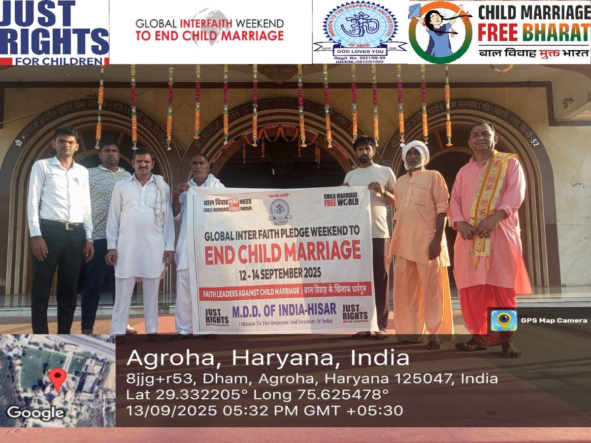 child_haryana's tweet photo. MDD OF INDIA (HISAR) - On the occasion of Global Interfaith Pledge Weekend, an awareness campaign to "End Child Marriage" was organized at Maharaja Agrasen mandir, Agroha Dham Hisar Haryana. #globalinterfaithweekend #EndChildMarriage #childmarriagefreeworld @JustRightsIndia https://t.co/mwkjyW7ZcC