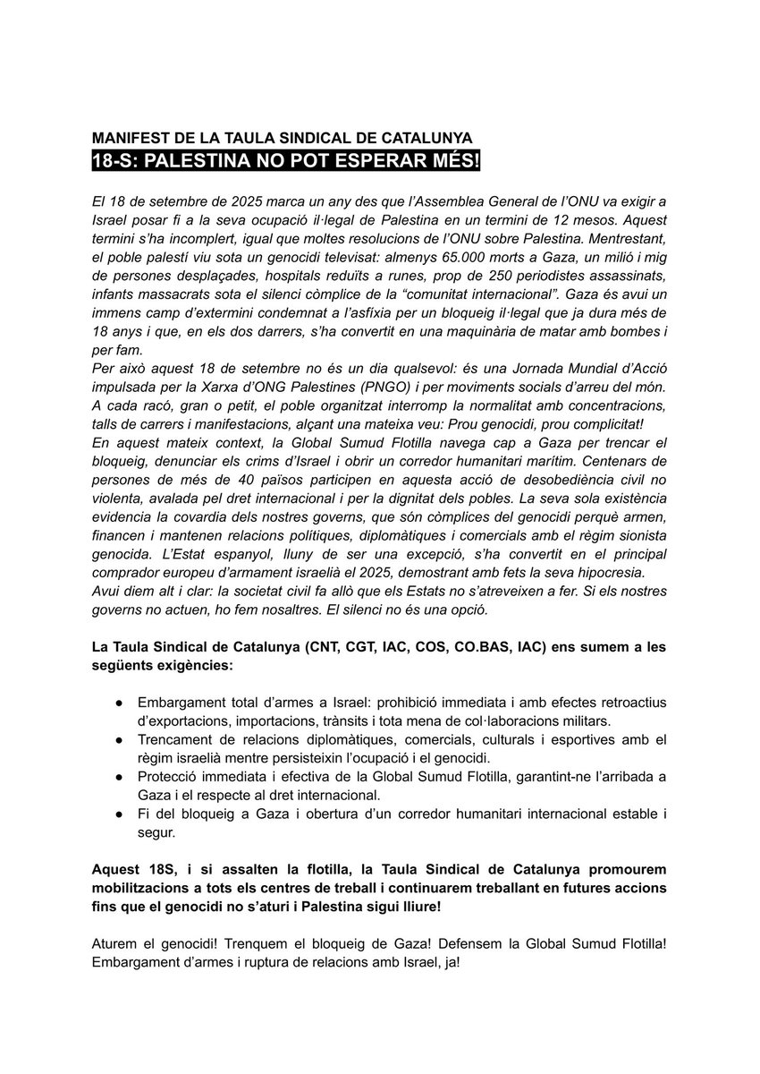 📢 Manifest de la Taula Sindical de Catalunya

#Palestina no pot esperar més. El #18S mobilitzem-nos als carrers i centres de treball ✊