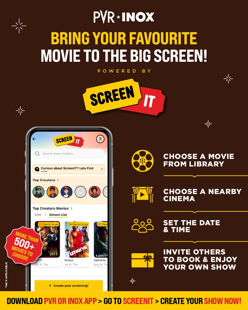 _PVRCinemas's tweet image. Why fit into someone else’s schedule when you can make your own? 🕒🎥
With #ScreenIT, the silver screen bends to your time — your movie, your people, your moment.
Because the best showtime is the one you create. 🍿✨

Download the app: cutt.ly/teWQhBq7
.
.
.
#PVRINOX…