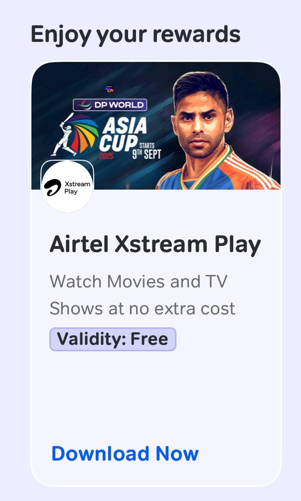 Another exclusive offer for Airtel users.

Download Xstream Play from “Airtel Thanks App” &amp; Watch Asia Cup 2025 for free without extra cost .

Go to Airtel Thanks App &gt; Rewards &amp; Ott &gt; Select “Download now “

#AsiaCup2025 #Airtel #Offer