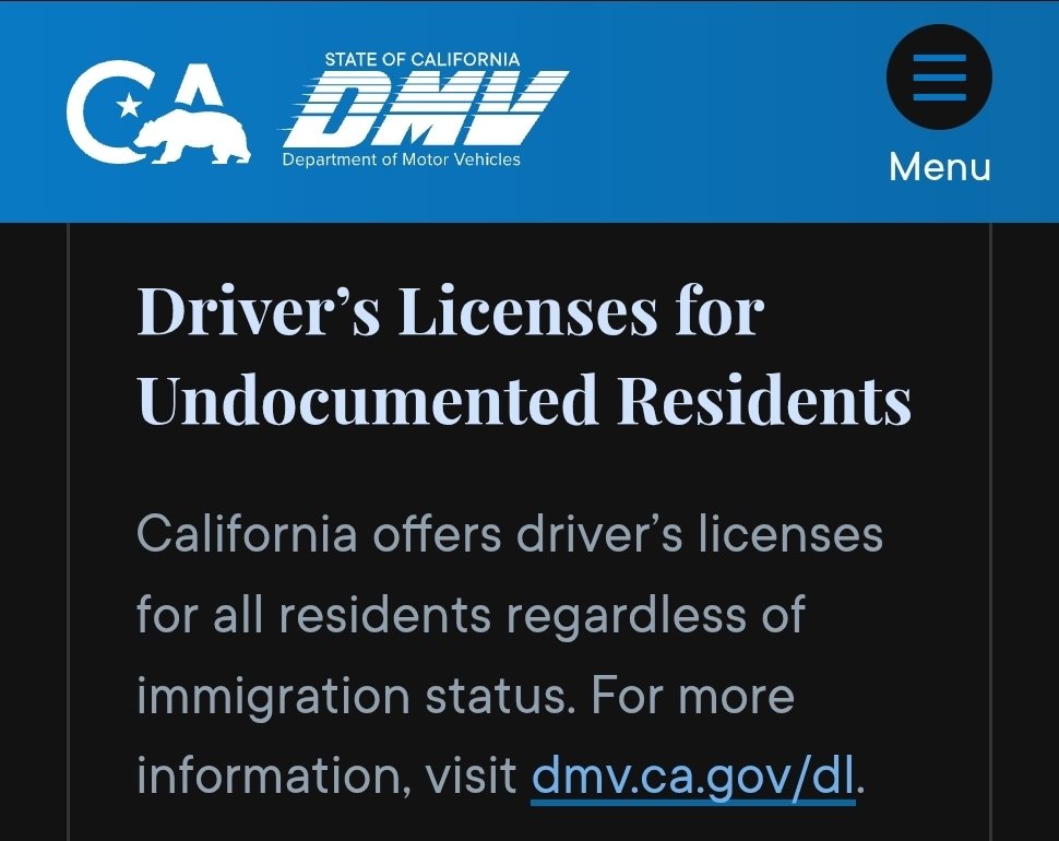Benhaswings_Mod's tweet image. This is coming straight from the source &quot;California offers driver’s licenses for all residents regardless of immigration status.&quot;

@StephenM
@CBP @ICEgov
reddit.com/r/StephenMille…

dmv.ca.gov/portal/handboo…