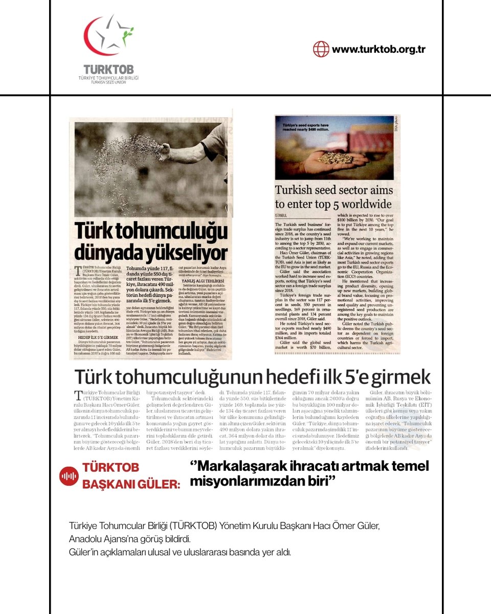 Türkiye Tohumcular Birliği Başkanı Hacı Ömer Güler, dünya tohumculuk pazarında gelecek 10 yılda ilk 5'te yer almayı hedeflediklerini belirterek, "Tohumculuk pazarının büyüme göstereceği bölgelerde AB kadar Asya da önemli bir potansiyel taşıyor." dedi.

aa.com.tr/tr/ekonomi/tur…