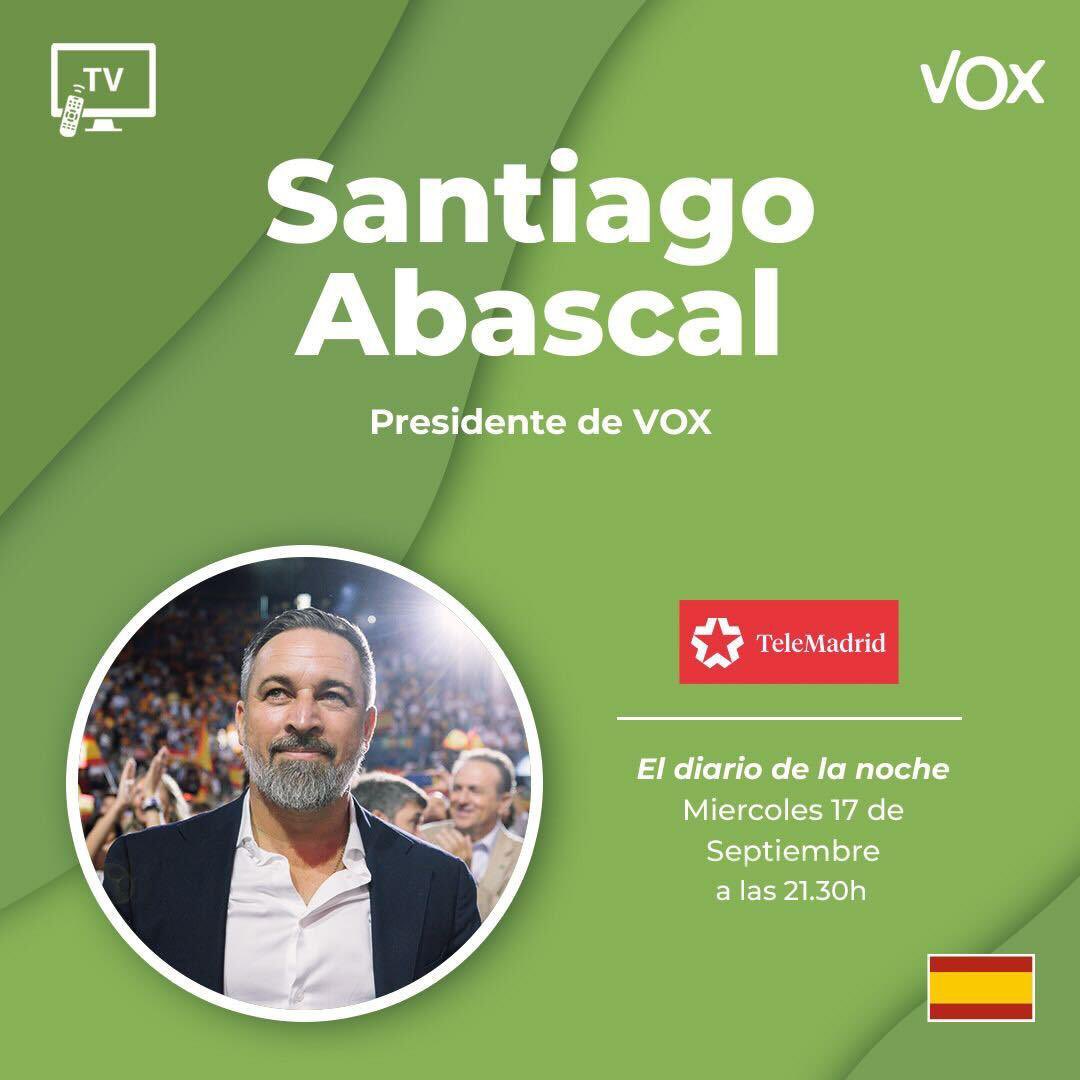 VOX 🇪🇸 (@vox_es) on Twitter photo 📺 <a href="/Santi_ABASCAL/">Santiago Abascal 🇪🇸</a> será entrevistado hoy en <a href="/telemadrid/">Telemadrid</a> a partir de las 21:30h.
¡No te lo pierdas! 📺 <a href="/Santi_ABASCAL/">Santiago Abascal 🇪🇸</a> será entrevistado hoy en <a href="/telemadrid/">Telemadrid</a> a partir de las 21:30h.
¡No te lo pierdas!