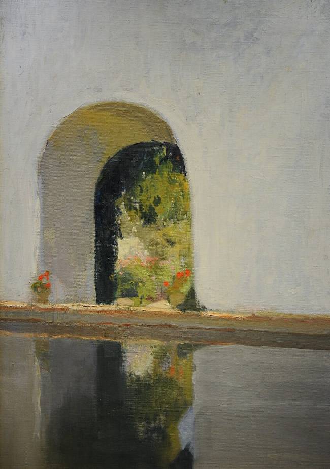 In 1908, Sorolla travelled to Seville to paint the gardens of Real Alcázar. The palace, one of the greatest surviving examples of Mudéjar architecture on the Iberian Peninsula, was designed in a style inspired by Moorish taste and workmanship. This is one of the garden's ponds.