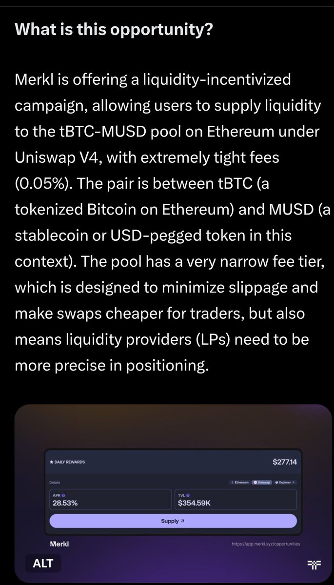 0xlevix's tweet photo. 🚀 New opportunity on Merkl!
Supply liquidity to the tBTC–MUSD pool (Uniswap V4) with ultra-low 0.05% fees.
APR: 28.5% 📈 | TVL: $354K 💰 #NationalUnemploymentDay #FCMO #HappyBdayPMModi
#DeFi #Bitcoin #tbtc #crypto
@TheTNetwork @Galxe https://t.co/85HXxkpjPx