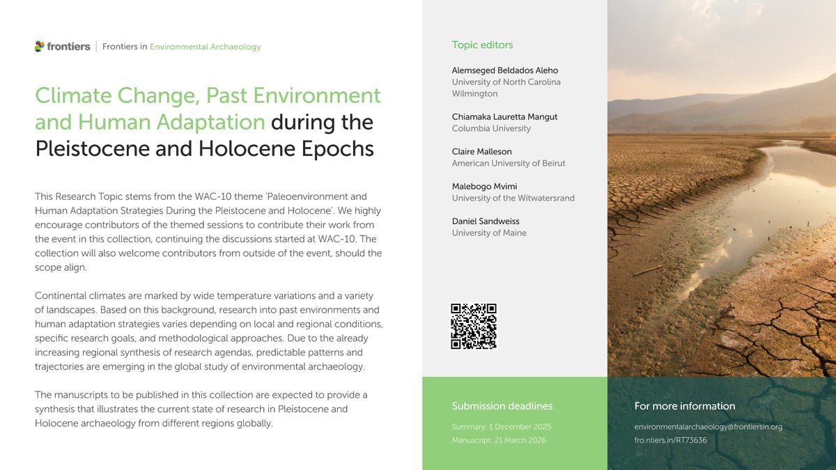 FrontHDynamics's tweet image. 💫We are excited to launch this new Topic stemming from the #WAC10 theme of a similar title!
Led by @alem_beldados, @chiamakanyanwu, @DanielSand8480, Claire Malleson, and Malebogo Mvimi
Check out the #Frontiersin #EnvironmentalArchaeology collection ➡️fro.ntiers.in/RT73636