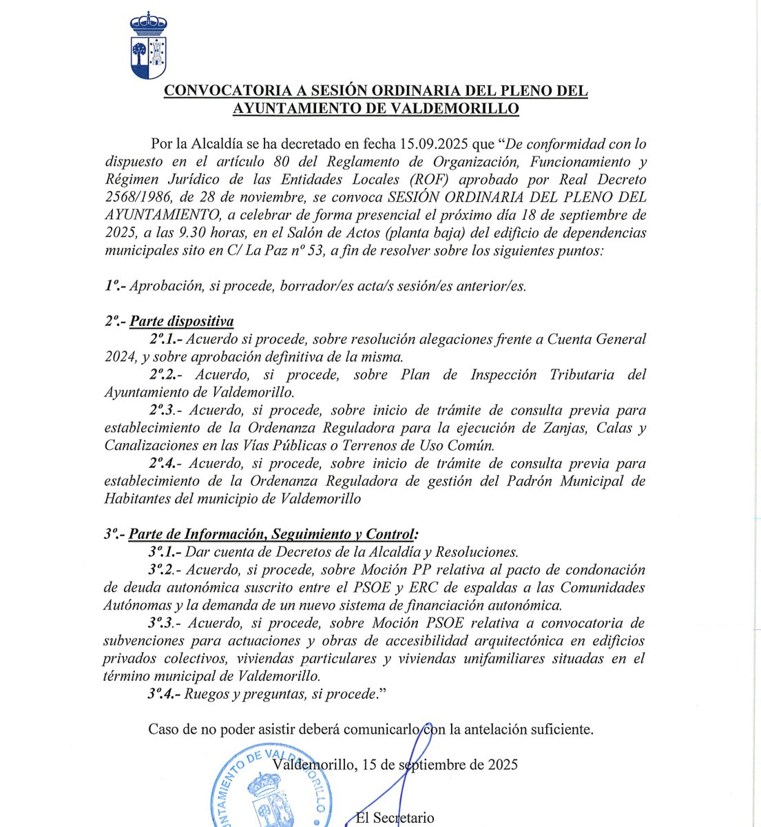 📢 Mañana 𝐣𝐮𝐞𝐯𝐞𝐬 se celebrará sesión ordinaria del #Pleno del #Ayuntamiento a partir de las 𝟗.𝟑𝟎𝐡 
📍 Acceso libre. También podrá seguirse en redes sociales. Estos son los asuntos a tratar👇