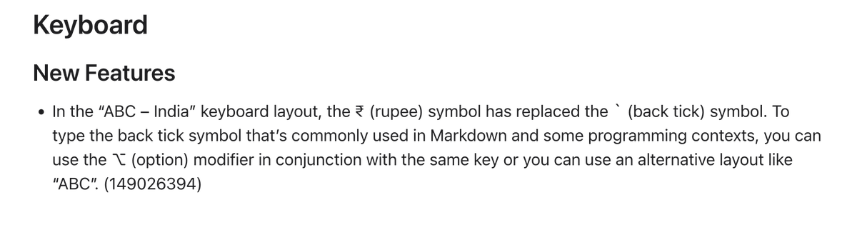 ashwinkey04's tweet photo. @Apple literally listed a bug as feature. My frequent shortcut to open a new terminal inside vscode (Control + ` ) is now replaced with finger acrobatics !?!? https://t.co/PPgJXDoMhb