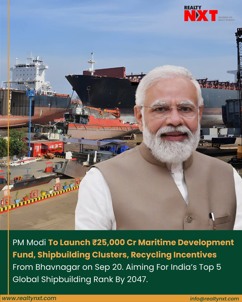 #News | PM Modi to announce shipbuilding clusters, ₹25,000 crore fund, and recycling incentives from Bhavnagar, pushing India’s global maritime ambitions.

#RealtyNXT #PMModi #Bhavnagar #Shipbuilding #MaritimeIndia #BlueEconomy #ShipRecycling #MakeInIndia #AmritKaal2047