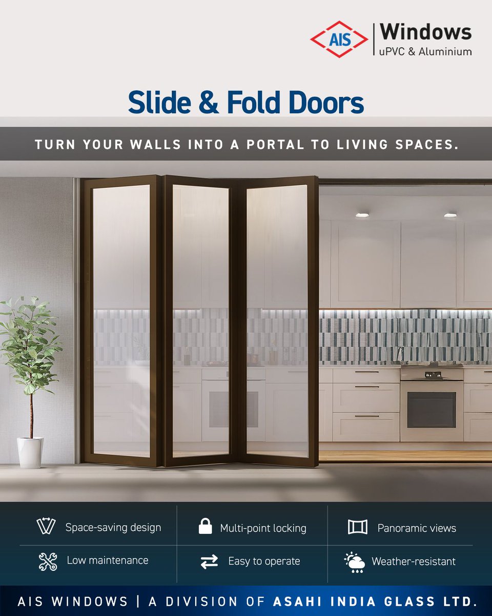 ais_windows's tweet image. With seamless transitions, expansive views, and effortless functionality, AIS Windows Slide &amp;amp; Fold Doors redefine modern living.

Discover more at aiswindows.com or call 18001034805.

#AIS #SlideAndFold #AluminiumDoors #ModernHomes #ArchitecturalDesign #DoorsAndWindows