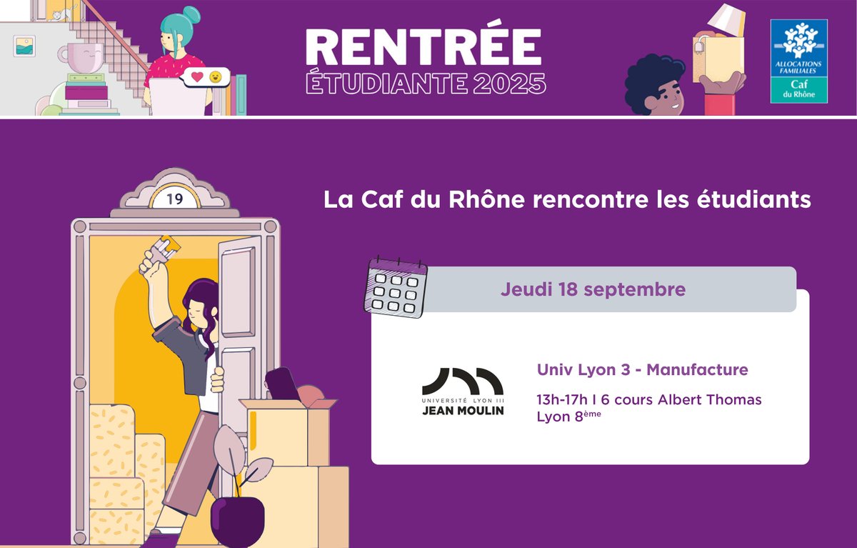 #Etudiant #Logement

Pour s'informer sur l'aide au logement étudiant, retrouvez-nous ce jour sur le stand de la Caf du Rhône dans les locaux de <a href="/UJML/">Université Jean Moulin Lyon 3</a>