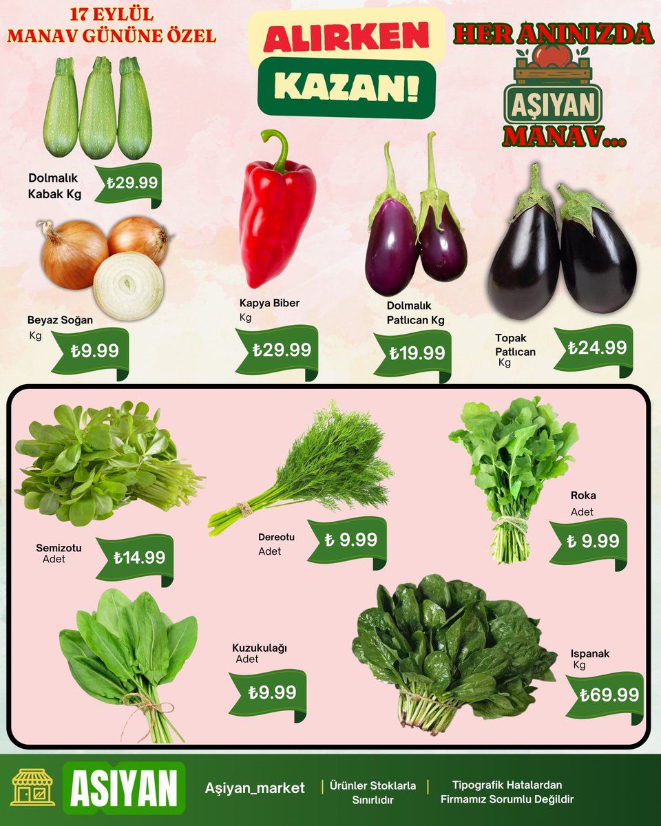 ASiyanMarket's tweet photo. 🥬🍓MANAV GÜNÜNE ÖZEL FIRSATLAR! 🍊🥕
En taze sebze ve meyveler 17 Eylül Çarşamba günü Aşiyan Market’te sizleri bekliyor! 💚

📍 Aşiyan Market
⏳ Sınırlı stok

#AşiyanMarket #ManavGünü #TazeLezzetler #UygunFiyat #i̇ndirimzamanı https://t.co/iD1lcqSXis