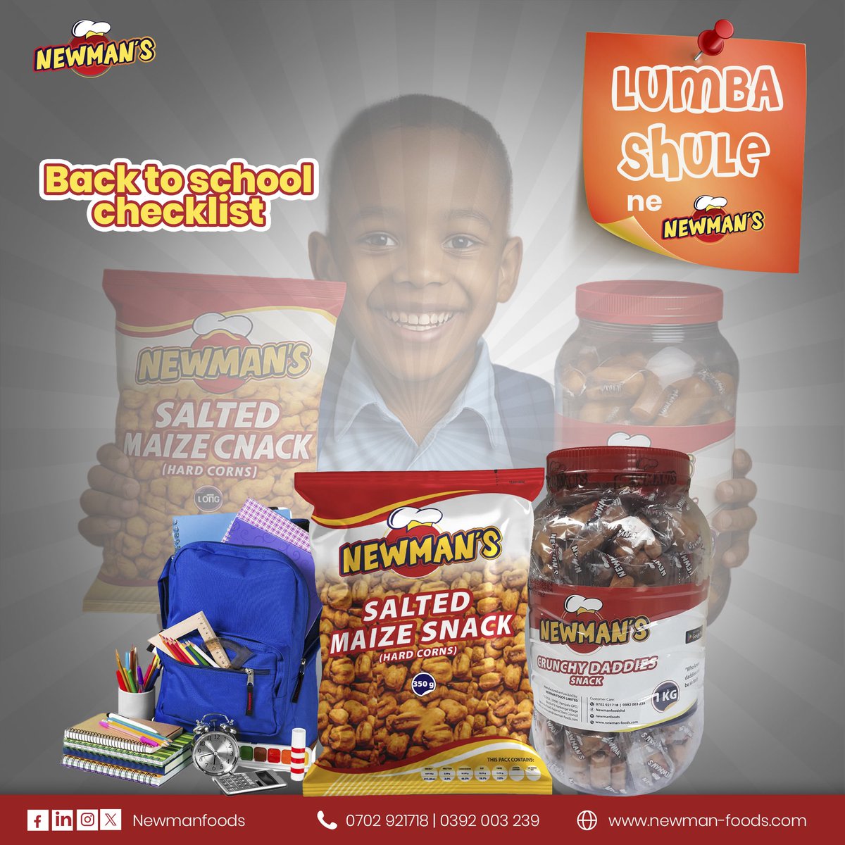 newmanfoodsltd's tweet photo. Back-to-school checklist: Books, pens, shoes, uniform, Newman’s Snacks. Give your child the boost they need to shine every day.
#NewmansSnacks #LumbaShule #BackToSchool #SnackSmart #FuelForSuccess https://t.co/R5l46X1pbs