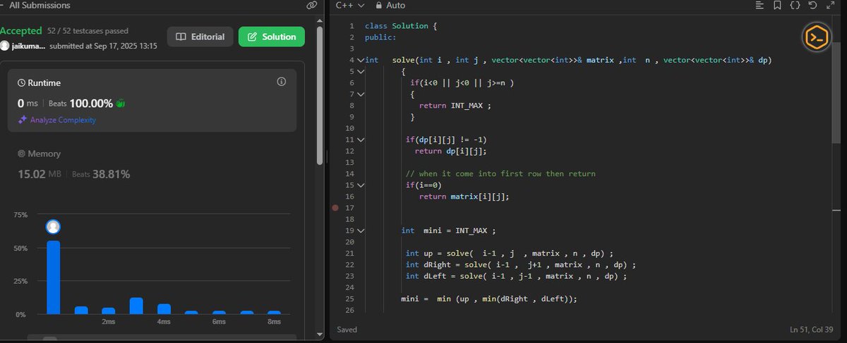 JAI_KUMAR_007's tweet image. ✅ Solved Minimum Falling Path Sum ⬇️  

🧠 TC: O(n²)
📦 SC: O(n²)

#DP #MatrixDP #Tabulation #DSA