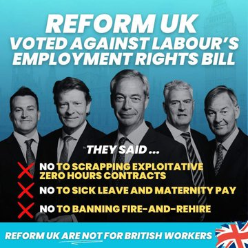 Think your job is secure?
The Reform "Fighting for people" voted against banning fire-&amp;-rehire tactics,  against giving you sick pay from day one, &amp; against protecting you from unfair dismissal. 
Reform UK: Pro-people? Anti-you
#BBCBreakfast #r4today