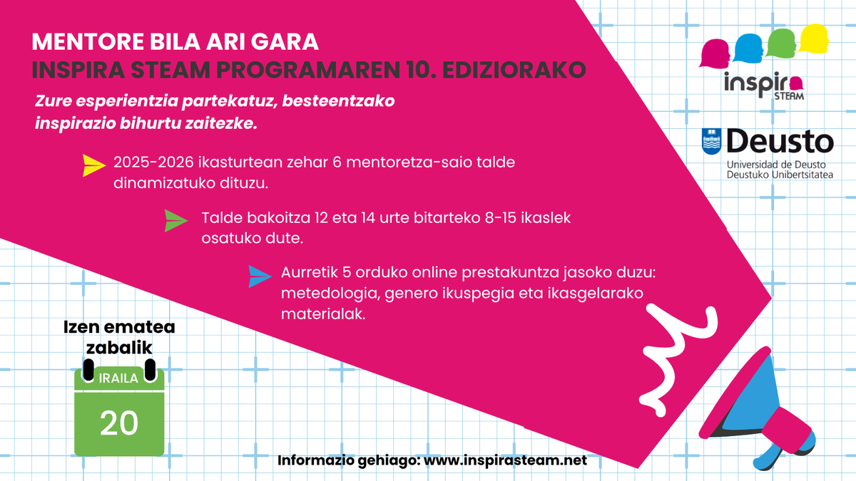 ParkeEuskadi's tweet photo. 🧪Zientzia edo teknologia esparruetan lan egiten baduzu eta belaunaldi berriak inspiratu nahi badituzu, hau da pausoa emateko unea!
🎯Eman izena mentore gisa #InspiraSTEAM-en eta lagundu STEAM bokazioak pizten.
Epea zabalik Irailak 20a arte
🔗https://t.co/ly6NSWztZv
#ParkeEuskadi https://t.co/CSrNUasBa7