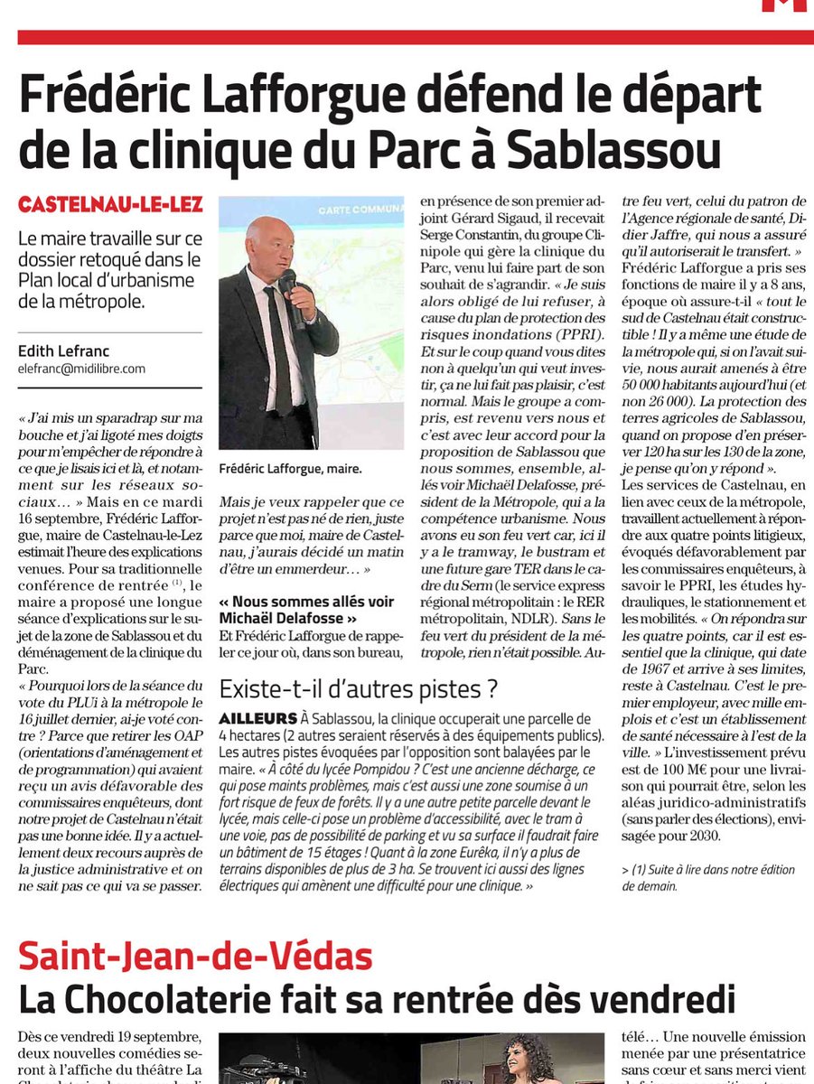 Conférence de presse annuelle - 

Clinique du Parc : mise au point

Je réaffirme ma détermination à maintenir la Clinique du Parc à Castelnau, sur le site de Sablassou.
Cette offre de soins est indispensable pour les Castelnauviens et pour l’est de la métropole.

Merci à Midi