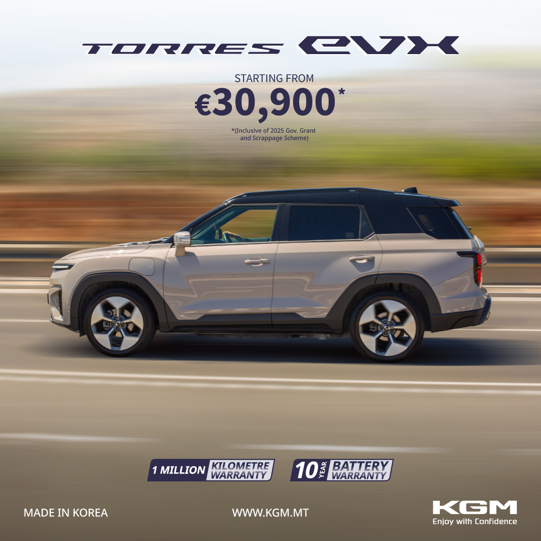 The all-electric Torres EVX redefines everyday mobility with exceptional value and a class-leading 10-year or 1-million-kilometre battery warranty. 
📞 Call +356 7969 0504 to book your test drive today and take the wheel of tomorrow.
#TorresEVX #RediscoverDriving #KGM #KGMMalta