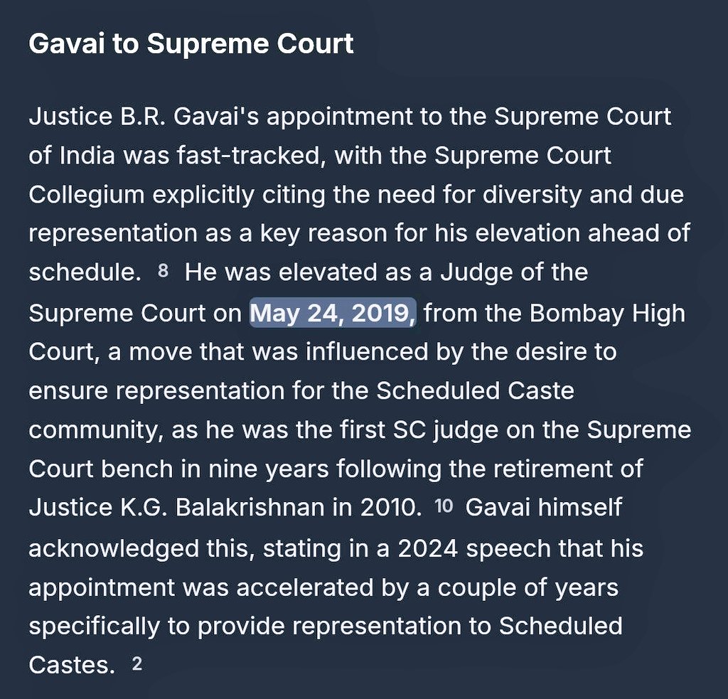 Bhairaviyogi's tweet image. _ FACT CHECK 

Justice B.R. Gavai was fast-tracked to the Supreme Court on 24 May 2019, not purely on merit but to “ensure SC representation.”

_ Supreme Court Collegium openly admitted his elevation was accelerated by a couple of years just to provide caste representation.

_ He…