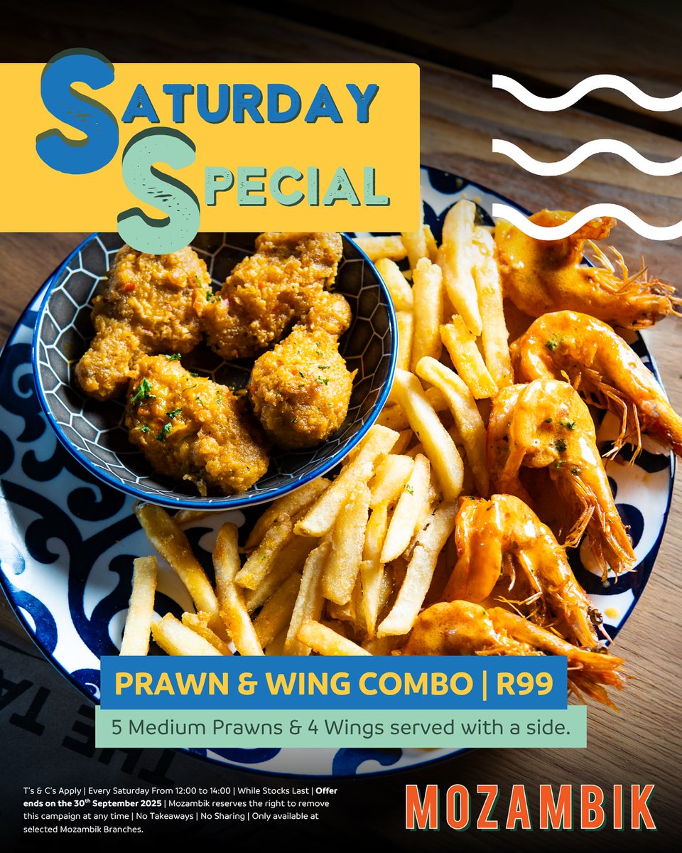 Saturdays Just Got Extra Delicious with the Prawn &amp; Wing Combo at #mozambikrestaurants! 🦐🍗 

Indulge in a Saturday Special featuring 5 mouthwatering medium prawns and 4 juicy wings, with a side for just R99! 🌟

Every Saturday from 12:00 to 14:00 until 30 September 2025!