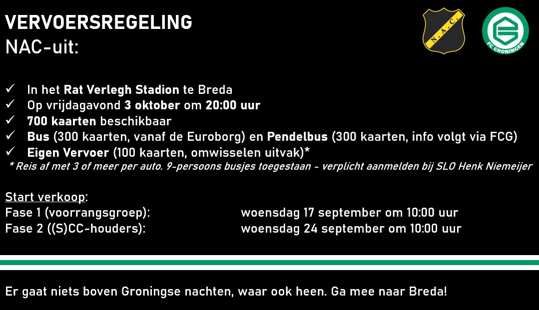 De verkoop voor NAC-uit is gestart.

700 kaarten gaan in totaal in de verkoop, waarvan 100 voor Eigen Vervoer 🚗

Ga mee naar het Rat Verlegh Stadion! 💚

#fcgroningen #nacgro