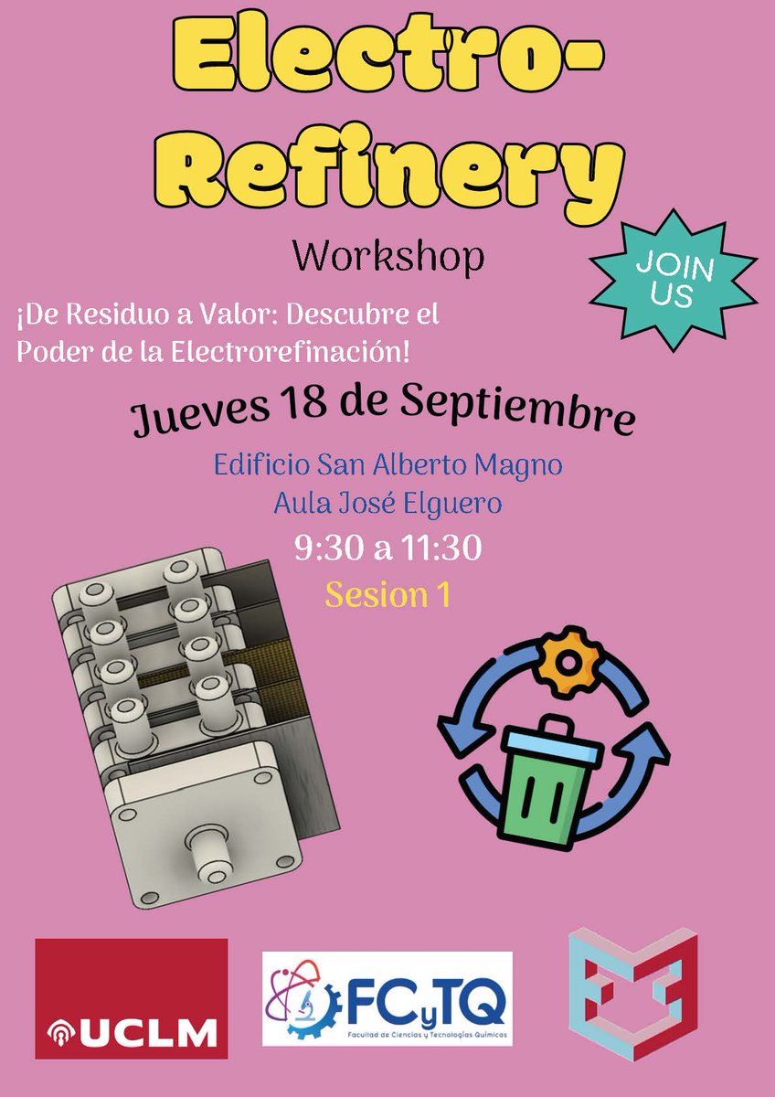 E3LGroup's tweet photo. 🔋 Innovación, ciencia y futuro en un mismo lugar: 
👉 Workshop del proyecto Electro-Refinery - Sesion 1 📍 Aula José Elguero en @FCTQ_uclm 
🕒9:30, 18/09/2025 
¡Una oportunidad para aprender y debatir sobre tecnologías electroquímicas! 🔬✨ https://t.co/qqnuTm8W9X