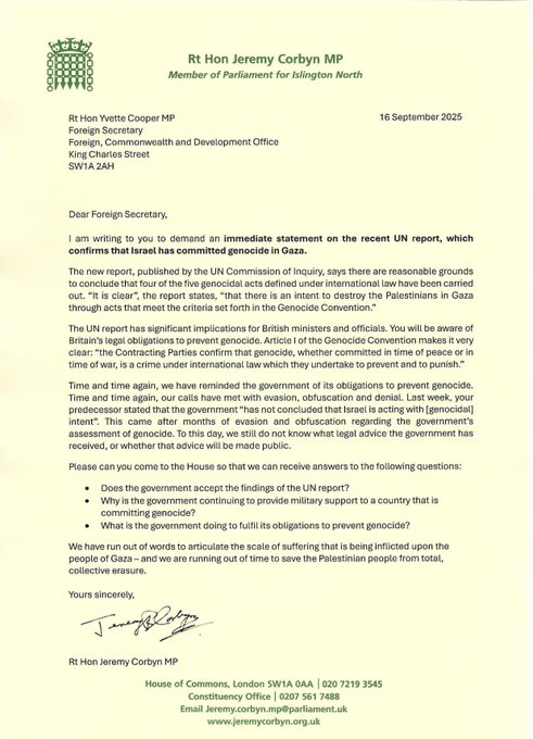 A letter on House of Commons letterhead with the UK Parliament logo at the top. Text includes the name Jeremy Corbyn, address for Rt Hon Jeremy Corbyn MP, and details addressed to the Foreign Secretary. The letter mentions the UN report and includes Jeremy Corbyn\'s signature at the bottom.