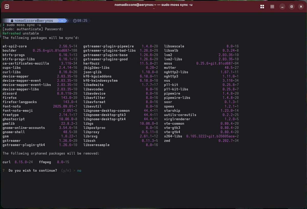 AerynOS_Linux's tweet image. AerynOS 16th September 2025 Weekly Repository Sync

We have aligned to a Tuesday repository sync with some notable updates this week, especially for those on KDE Plasma with KF 6.18 and KDE Gear 25.08.1!

github.com/orgs/AerynOS/d…