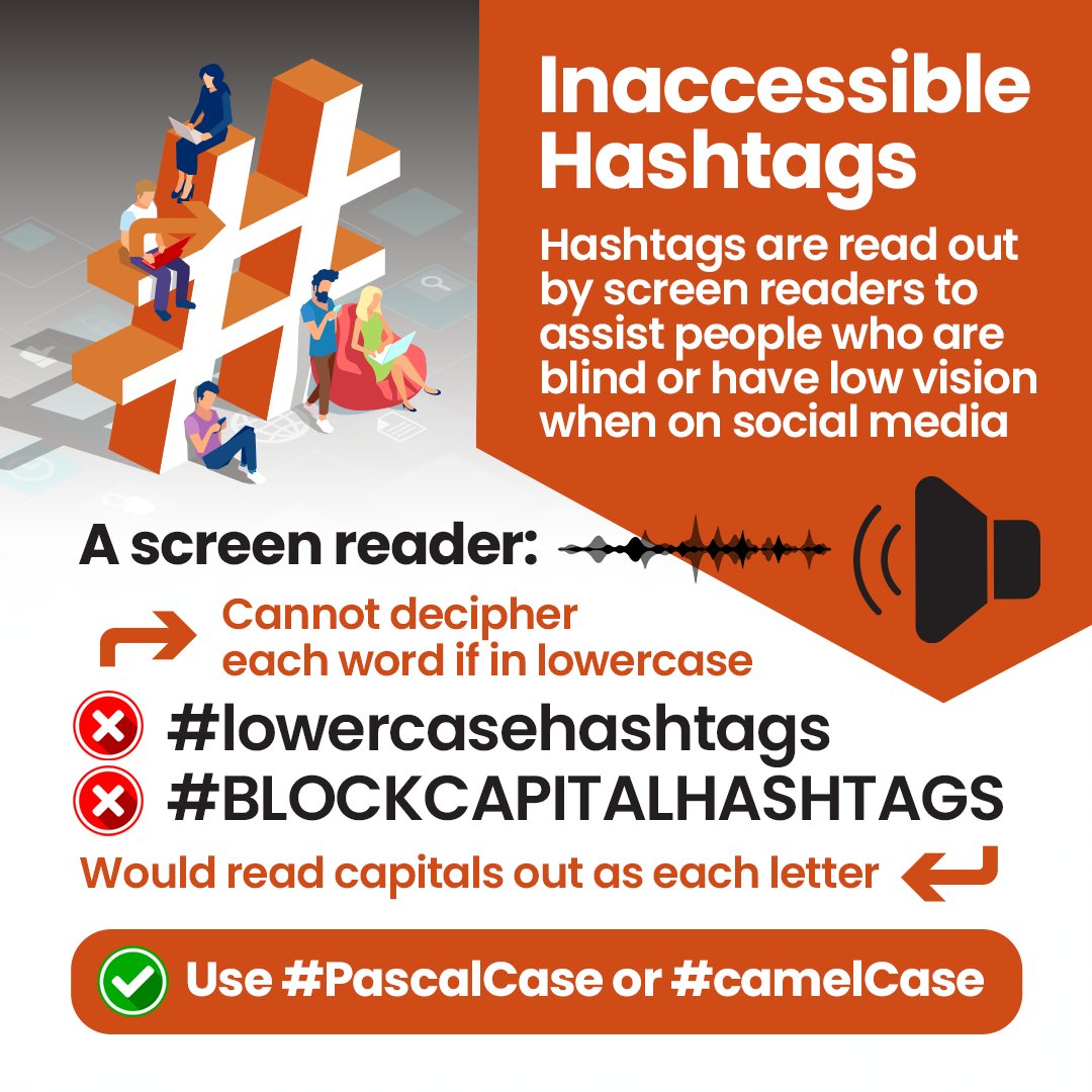 HeX_Productions's tweet image. Did you know that using block capital hashtags are read out by a screen reader as individual letters instead of the whole word? To make them accessible, use #PascalCase or #camelCase.

Learn more ways to create inclusive social posts: zurl.co/1Hg3x

#A11y #Accessibility