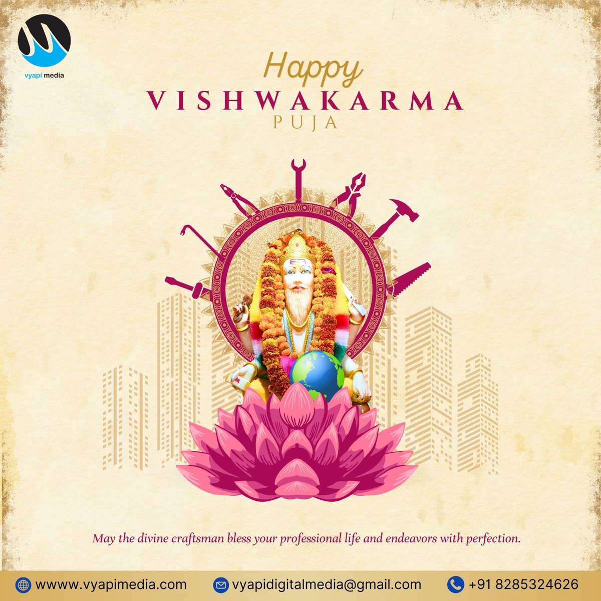 VyapiMedia's tweet image. On this auspicious occasion of Vishwakarma Puja, let’s honor the divine creator and architect of the universe. 🙏
May Lord Vishwakarma bless your work, skills, and professional journey with success, creativity, and perfection. 🌸🔧⚒️
🌼 Happy Vishwakarma Puja 🌼