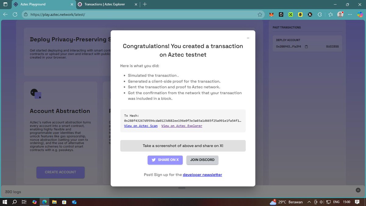 I sent a private transaction on <a href="/aztecnetwork/">Aztec</a> Public Testnet by generating a client-side proof.

Try it yourself with Aztec Playground: play.aztec.network