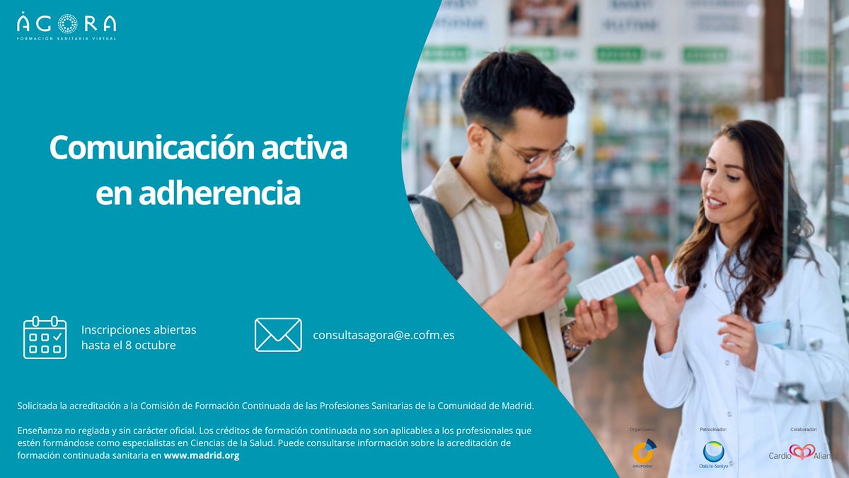 Las bajas tasas de #adherencia a tratamientos cardiovasculares ponen en riesgo vidas y aumentan costes sanitarios.
🎯 Objetivo: lograr pacientes conscientes, responsables y adherentes a su tratamiento.
🔗 bit.ly/4n48zrR
👉#Cursogratuito colegiados | <a href="/DaiichiSankyoES/">Daiichi Sankyo España</a>