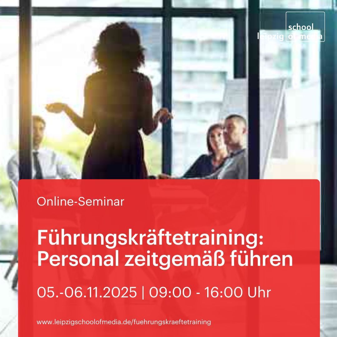 Neu im Programm: Das Seminar "Führungskräftetraining: Personal zeitgemäß führen".

Lernen Sie, Ihr Team zu motivieren, Prioritäten zu setzen &amp; souverän mit Veränderungen umzugehen. Mit Übungen, Beispielen &amp; Tools stärken Sie Führungsmindset &amp; Resilienz. 
leipzigschoolofmedia.de/fuehrungskraef…