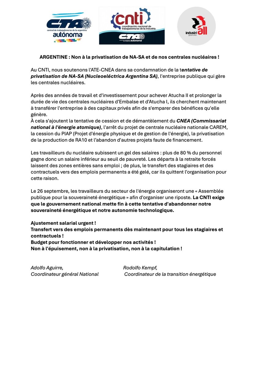 les camarades de l'industrie nucléaire d'Argentine appellent au soutien international contre la volonté de privatisation de leur conglomérat public NA-SA
<a href="/RodolfoKempf/">rodolfo kempf</a>