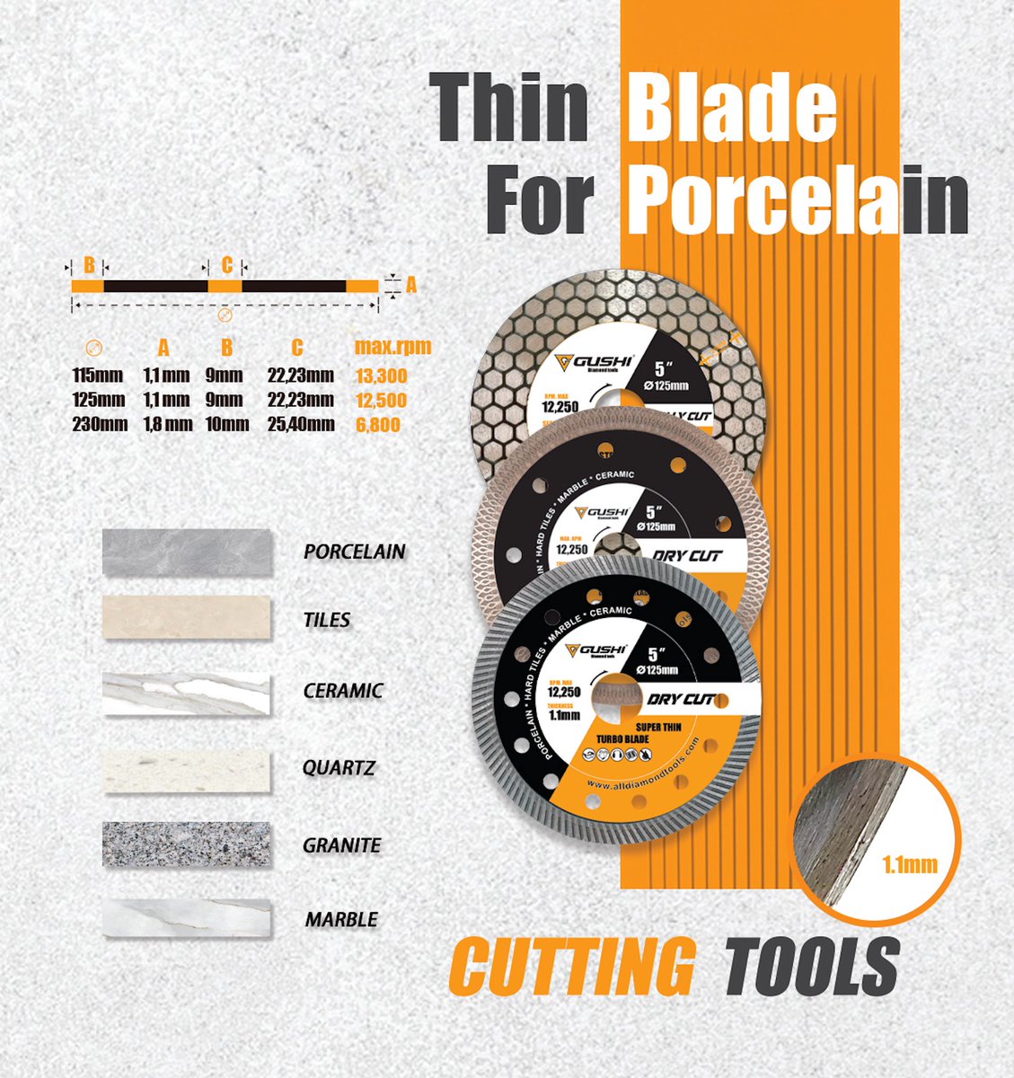 ToolsGushi's tweet image. 🔥 √ Superior Design - Advanced technology for porcelain、tiles、ceramic、quartz、granite、marble.  
🔥√ Multiple Sizes Available - 115mm、125mm、230mm Engineered for Pros. Perfected for You.  Explore now: alldiamondtools.com #gushitools #ToolSmart #tools #allcut
