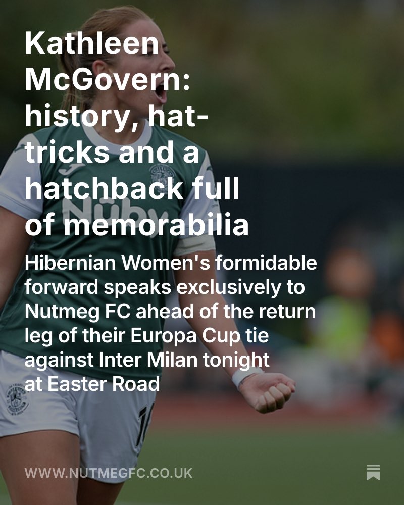 I spoke to Kathleen McGovern of <a href="/HibernianWomen/">Hibernian Women</a> yesterday for <a href="/NutmegMagazine/">NutmegMagazine</a>, about European adventures, striker mentality, and how she finds space for all of those hat-trick match-balls… ⚽️⚽️⚽️

You can read the full piece here: open.substack.com/pub/nutmegfoot…