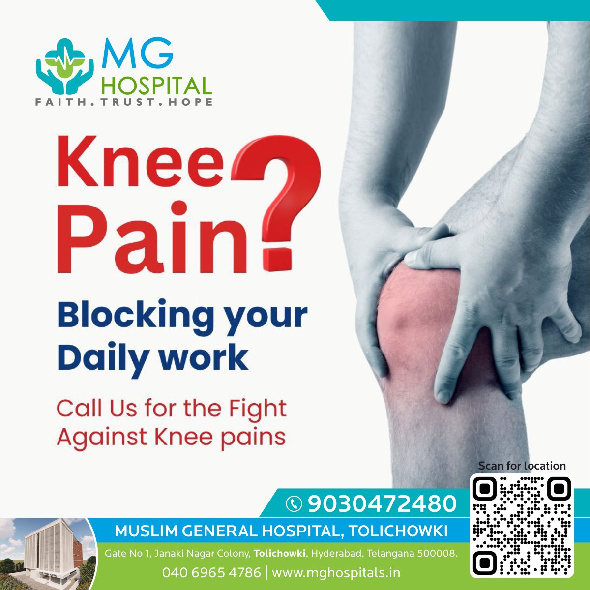MGHospitals's tweet image. Knee Pain Blocking your Daily Work?
Call us for the Fight Against Knee Pains

🔴Reach Us @🔴
📞 9030472480
✉️ mghtolichowki@gmail.com
🌐 mghospitals.in
🏥 Gate No 1, Janaki Nagar Colony, Tolichowki, Hyderabad.

#KneePain #JointPain #KneeProblems #BoneHealth