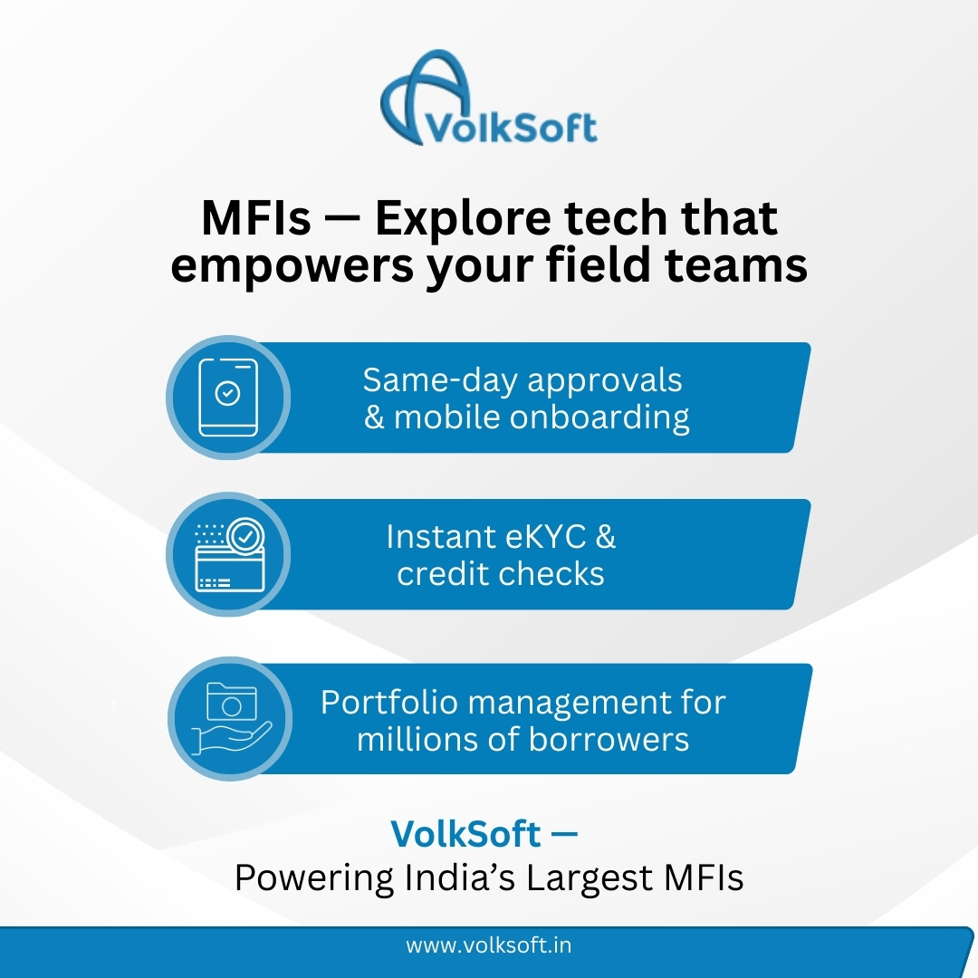 _VolkSoft's tweet photo. VolkSoft equips MFIs and NBFC-MFIs with platforms built to handle millions of borrowers, thousands of field officers, and real-time loan management from one dashboard. 

#VolkSoft #MicrofinanceIndia #MFItechnology #LoanManagement #FintechForGood #NBFCMFI #DigitalMicrofinance https://t.co/vehH038Pf4