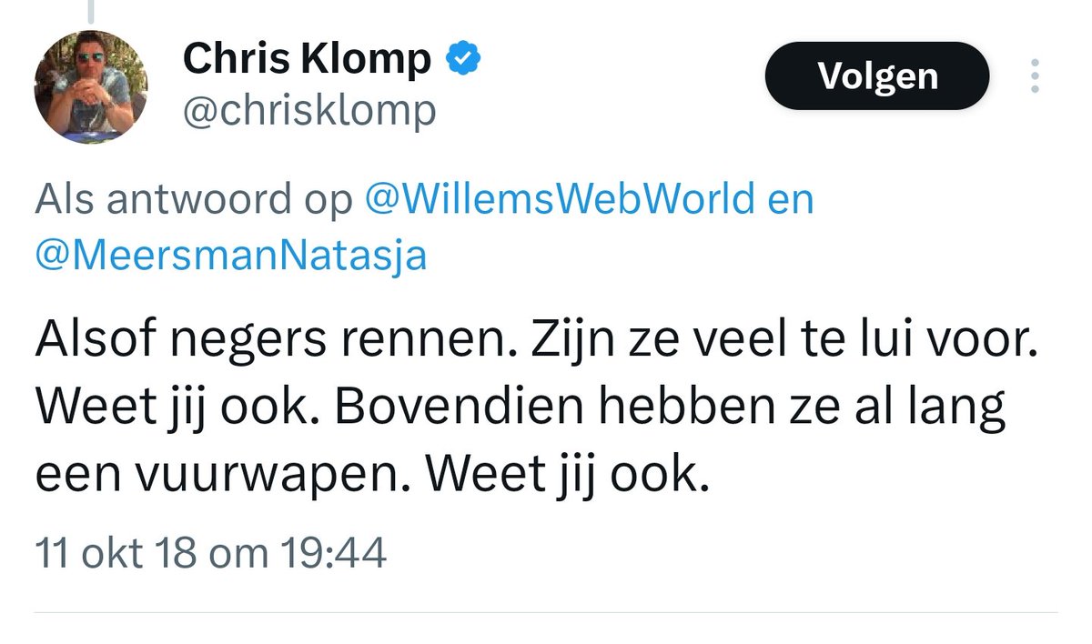 Sander van D. (@sandervandam2) on Twitter photo <a href="/chrisklomp/">Chris Klomp</a> Als jij het gerechtvaardigd vindt om Kirk een volbloed racist te noemen op basis van een videofragment van drie seconden, hoe moeten we jou dan noemen op basis van deze tweet?
Grand Wizard van de KKK of zo? <a href="/chrisklomp/">Chris Klomp</a> Als jij het gerechtvaardigd vindt om Kirk een volbloed racist te noemen op basis van een videofragment van drie seconden, hoe moeten we jou dan noemen op basis van deze tweet?
Grand Wizard van de KKK of zo?