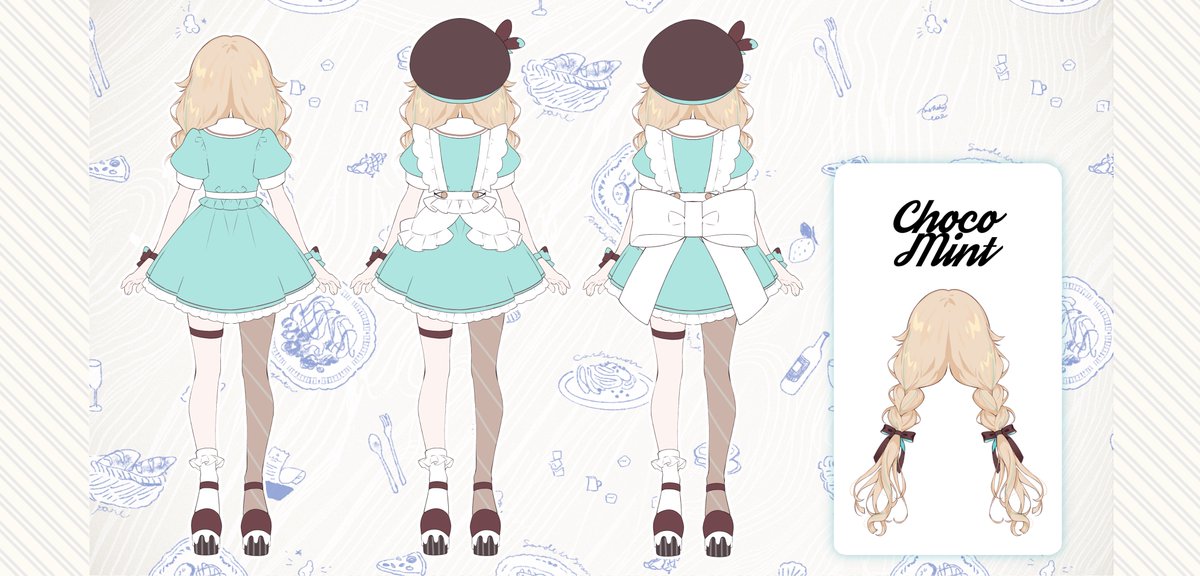 👗三面図公開✨

ママ（上倉エク先生）に描き下ろしていただきました〜！
横顔に後ろ姿、エプロンの下のワンピースまで大公開📢
ぜひファンアートなど創作に活用していただけましたら幸いです🎀