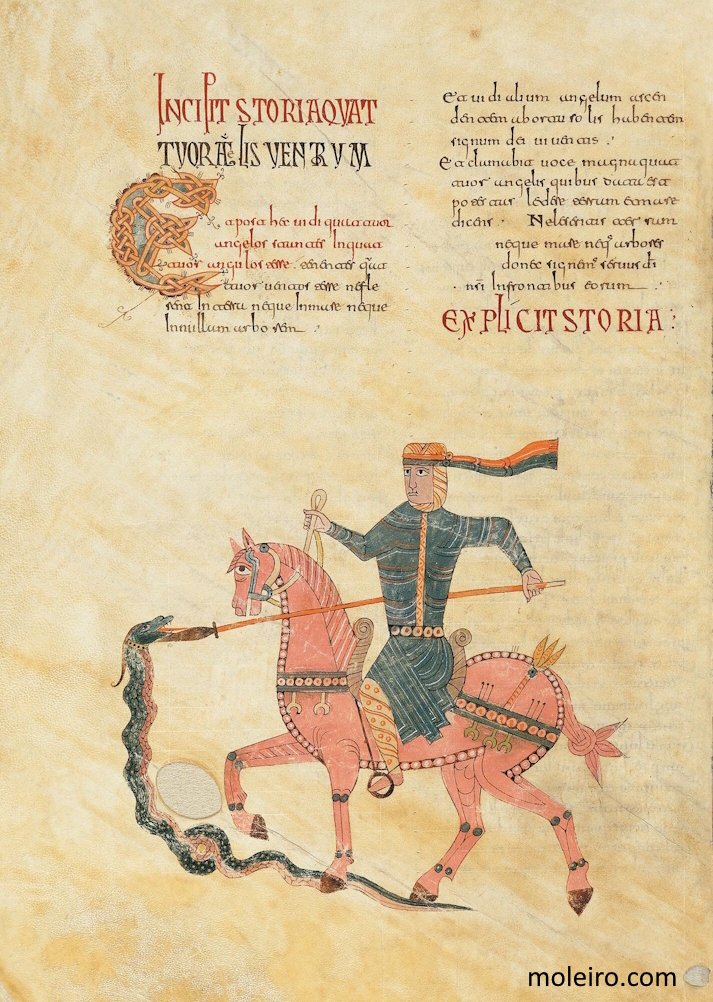 f. 134v, El jinete vencedor de la serpiente
Beato de Liébana, códice Monasterio San Salvador de Tábara (s X, Zamora)
✳️ Lee la explicación aquí: 👉moleiro.com/es/beato-de-li…

#EdadMedia #HistoriaMedieval #ManuscritosIluminados #romanico
