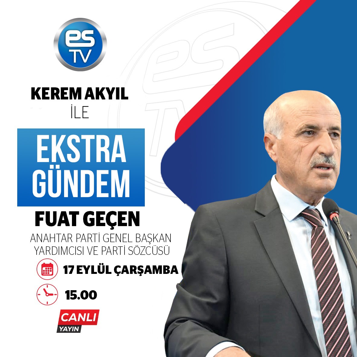 Bugün Eskişehir’de saat 15.00’te, Es TV’de Kerem Akyıl’ın canlı yayın konuğu olacağım.